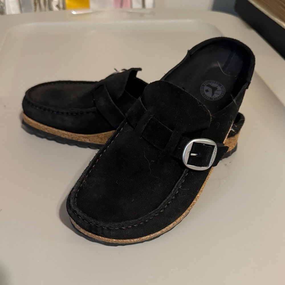 Birkenstock Black Suede Slip-Ons with Silver Buckle - Picture 2 of 2